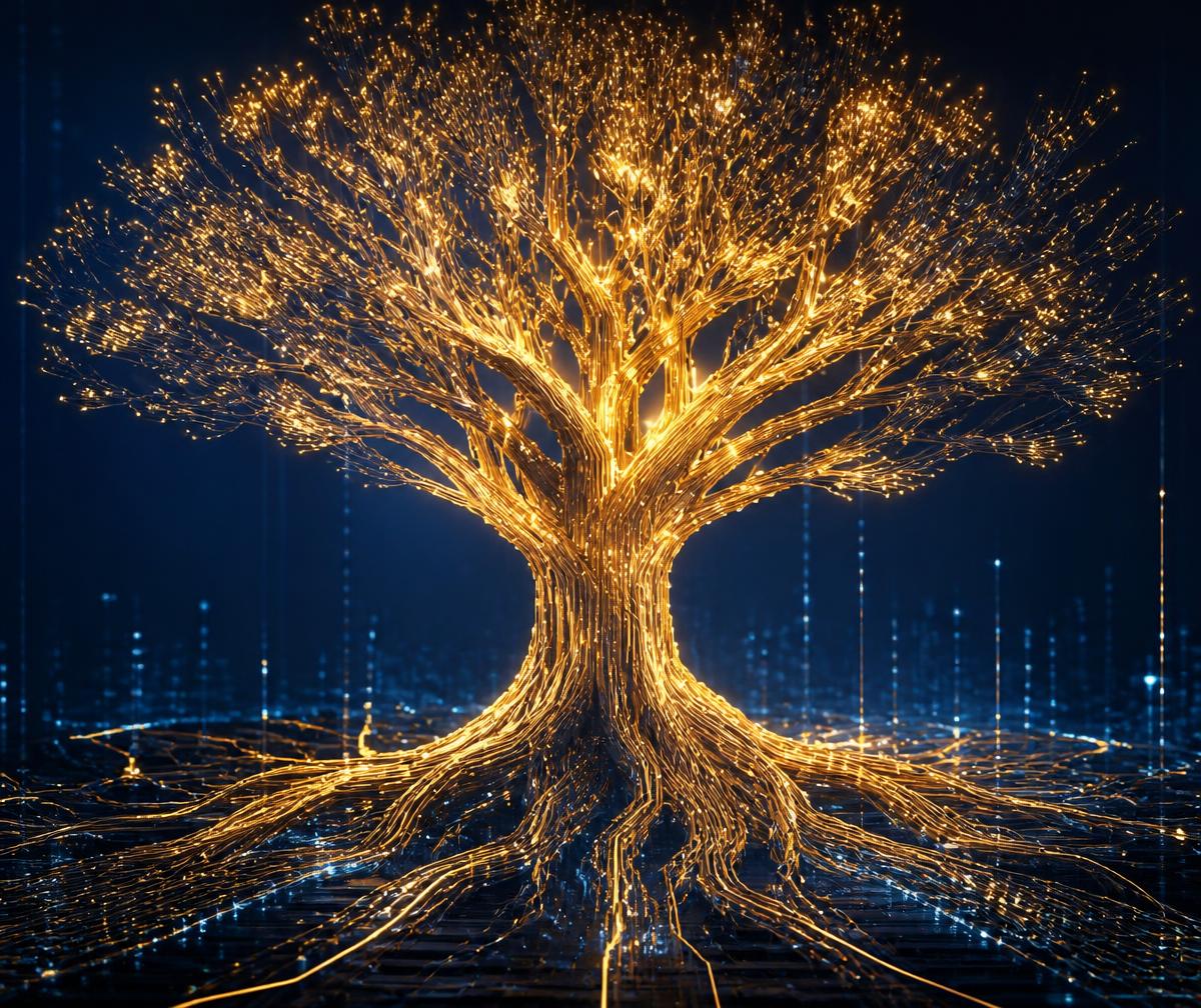 Glowing cyber tree of gold circuitry growing from data lines